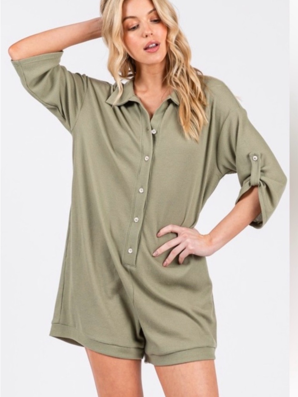 Ces Femme Olive Green Collared Short Romper